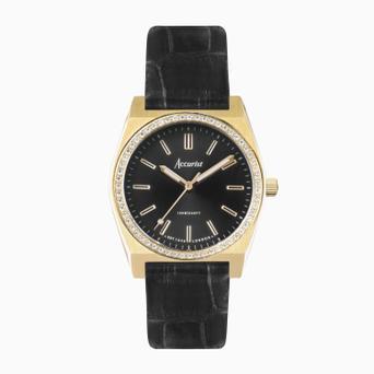 Accurist Origin Ladies Watch | Silver Case & Black Leather Strap with Black Dial | 34mm