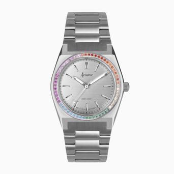 Accurist Origin Ladies Watch | Rainbow Stone Set Case & Stainless Steel Bracelet with Silver Dial | 34mm