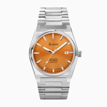 Accurist Limited Edition Origin Automatic Men’s Watch | Silver Case & Stainless Steel Bracelet with Orange Dial | 41mm