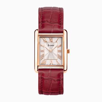 Accurist Rectangle Ladies Watch | Rose Gold Case & Burgundy Leather Strap with White Dial | 26mm