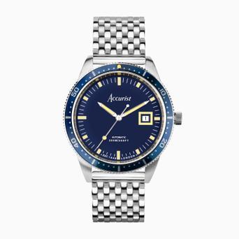 Accurist Dive Automatic Men’s Watch | Silver Stainless Steel Case & Bracelet with Blue Dial | 42mm