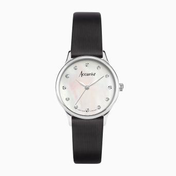 Accurist Dress Diamond Ladies Watch | Silver Stainless Steel Case & Black Leather Strap with White Mother of Pearl Dial | 28mm