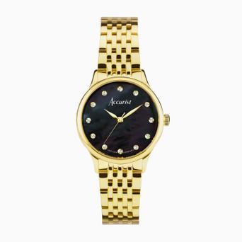 Accurist Dress Diamond Ladies Watch | Gold Stainless Steel Case & Bracelet with Black Mother of Pearl Dial | 28mm