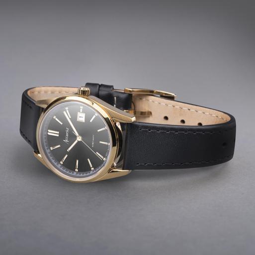 Black leather watch with gold face discount
