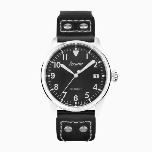 Accurist Men s Pilot Watch 76004 Round Black Leather Strap