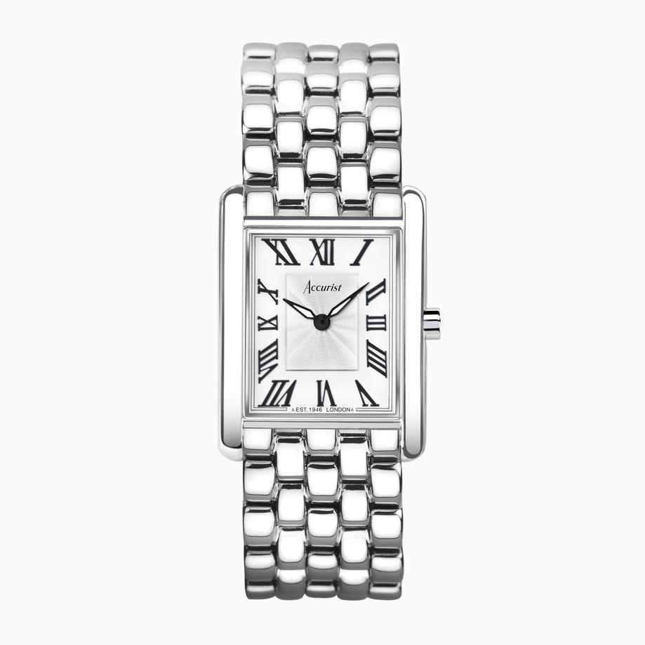 ﻿accurist Accurist Rectangle Ladies Watch | Silver Case & Stainless Steel Bracelet with White Dial | 26mm