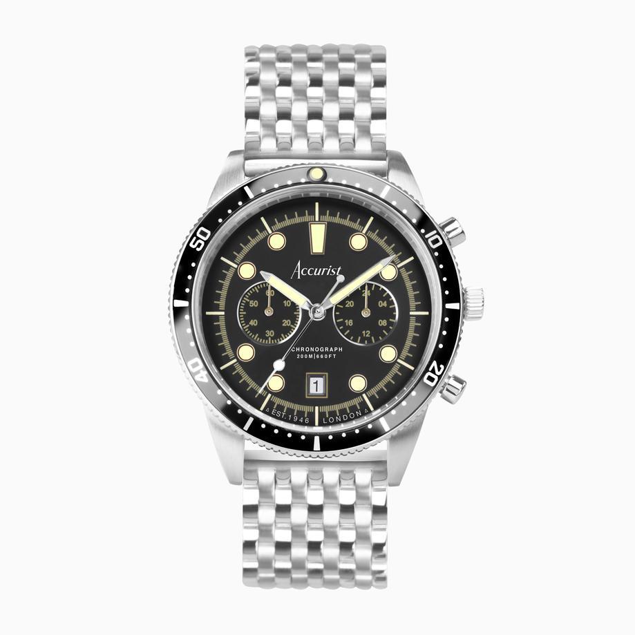 accurist Accurist Dive Men's Chronograph Watch | Silver Case & Stainless Steel Bracelet with Black Dial | 42mm